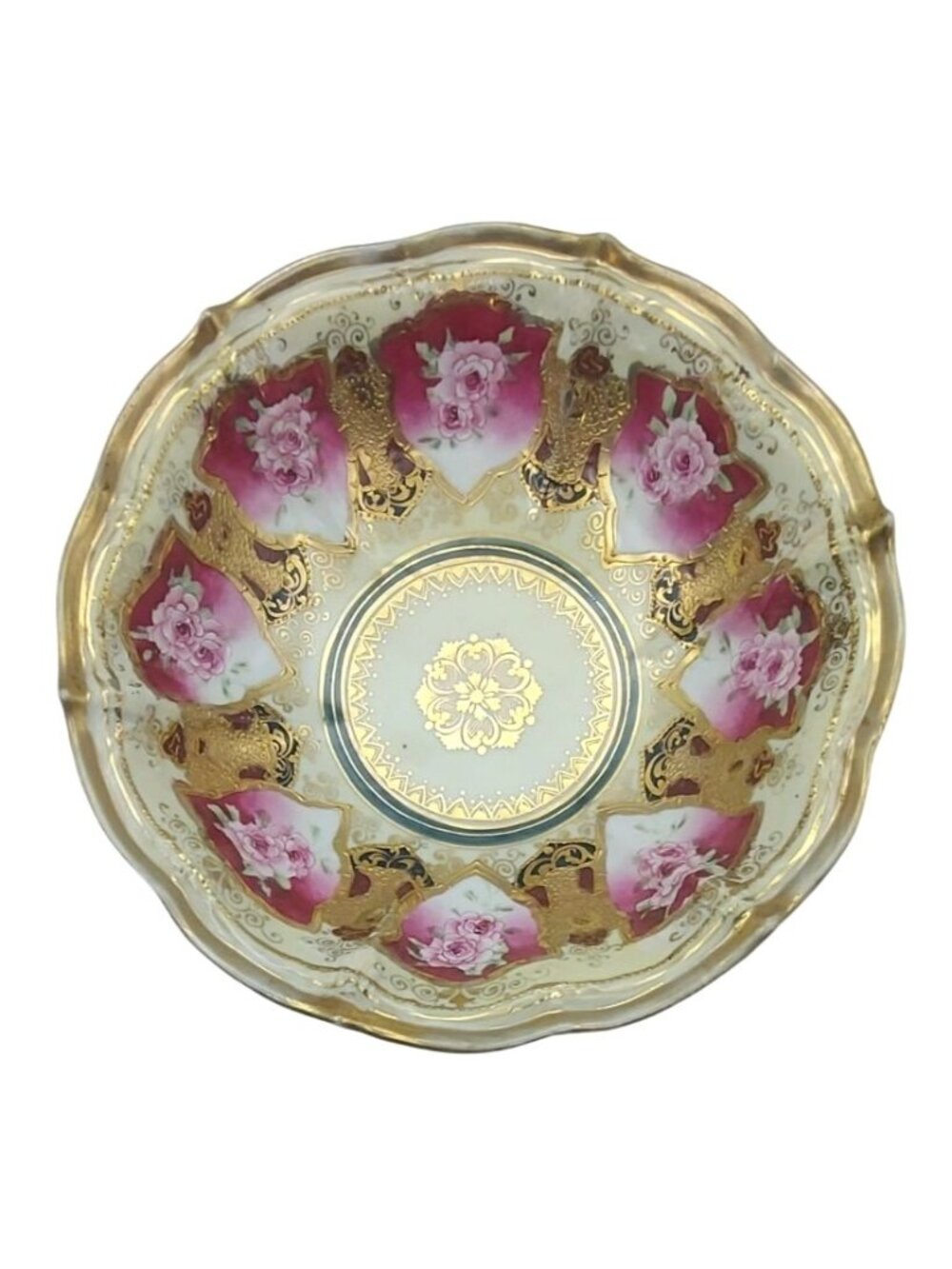Antique Nippon Hand Painted Floral Porcelain Serving Bowl Scalloped Edges Japan